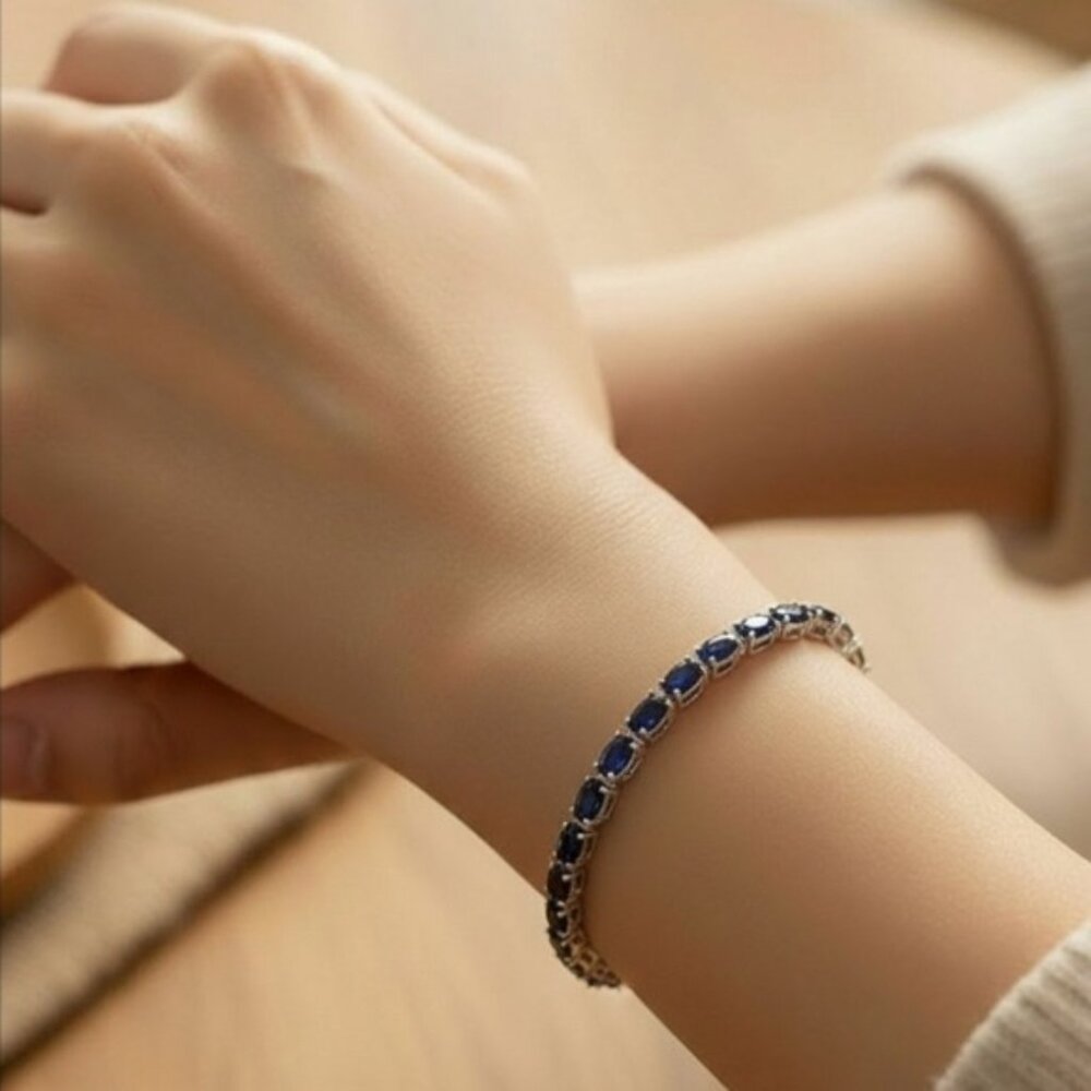 Natural Blue Sapphire 925 Sterling Silver Tennis Bracelet 7"
